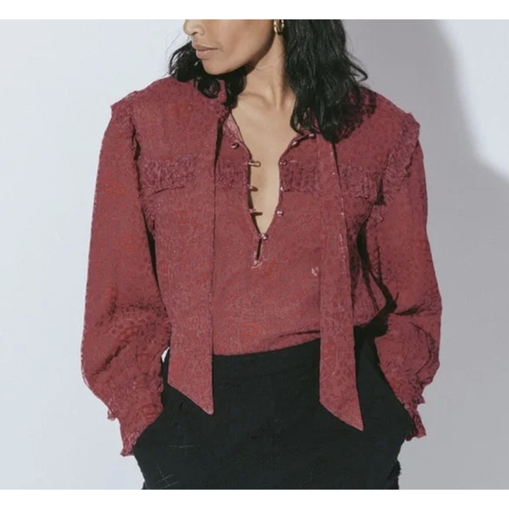 Cleobella Organic Cotton Ruffle Trim Necktie Blouse Medium Long Sleeve Boho